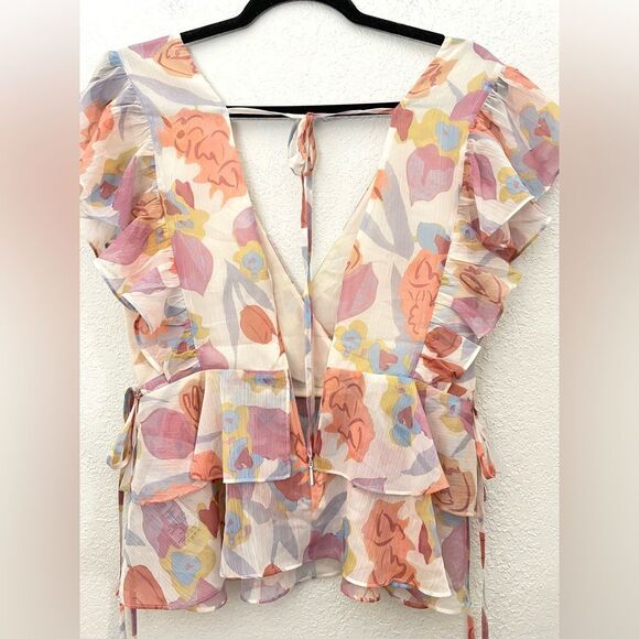 Ted Baker Rowyn Frill Side Tie Deep V-Neck Ruffle Sleeveless Floral Blouse 4 - Picture 7 of 11